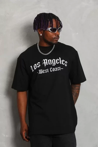 Unisex Oversize Baskılı Bisiklet Yaka T-Shirt - Siyah - Resim 4