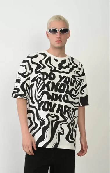 Unisex Baskılı Bisiklet Yaka Oversize T-Shirt - Beyaz - Resim 4