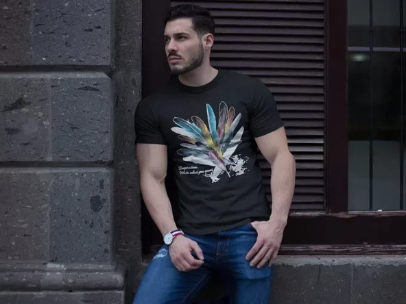 Unisex Bisiklet Yaka Baskılı Oversize T-Shirt - Siyah ürün görseli