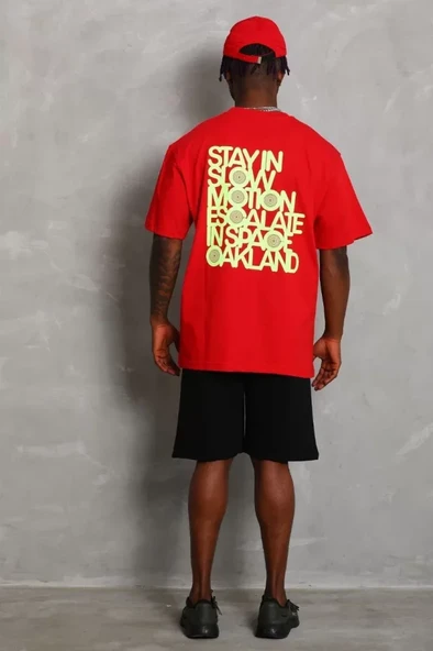 Unisex Oversize Baskılı Bisiklet Yaka T-Shirt - Kırmızı - Resim 4