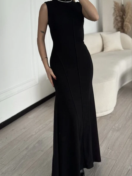 Kolsuz Yarım Bogazlı Uzun Elbise- Siyah - 2