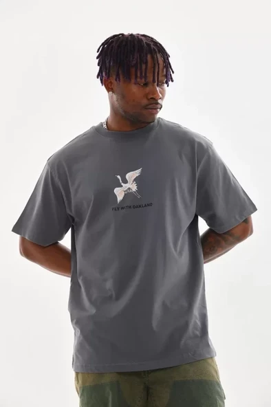 Unisex Baskılı Oversize T-Shirt - Füme ürün görseli