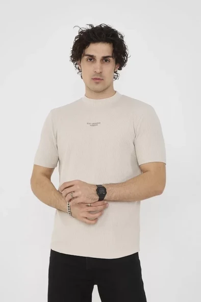 Unisex Bisiklet Yaka Slim Fit T-Shirt- Bej ürün görseli