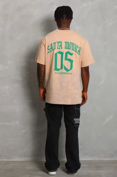 Unisex Oversize Baskılı Bisiklet Yaka T-Shirt - Bej - Resim 2