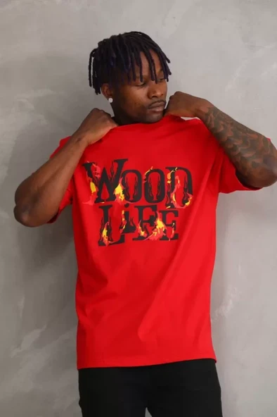 Unisex Baskılı Oversize T-Shirt - Kırmızı - Resim 3