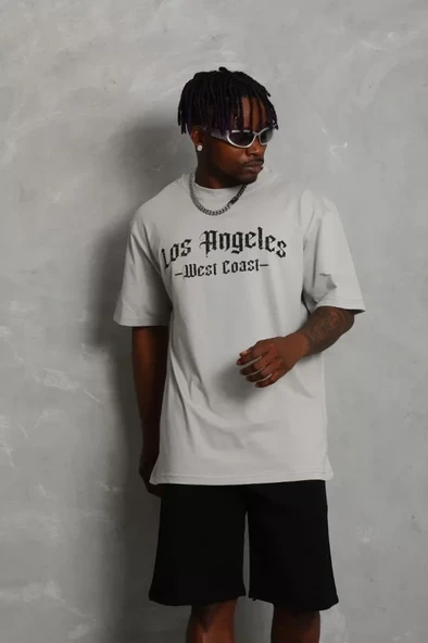 Unisex Oversize Baskılı Bisiklet Yaka T-Shirt - Gri ürün görseli