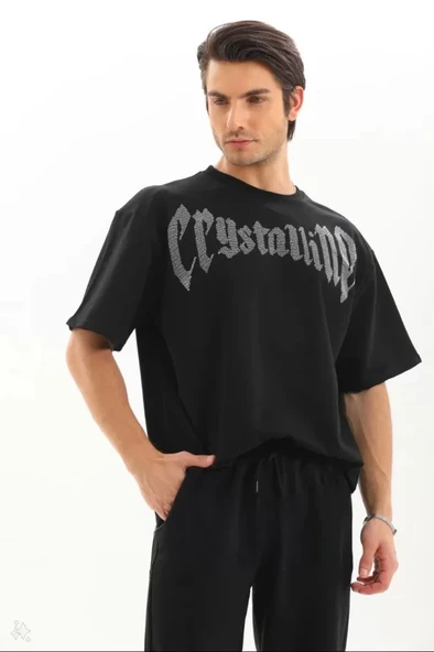 Unisex Oversize Taşlı T-Shirt - Siyah ürün görseli