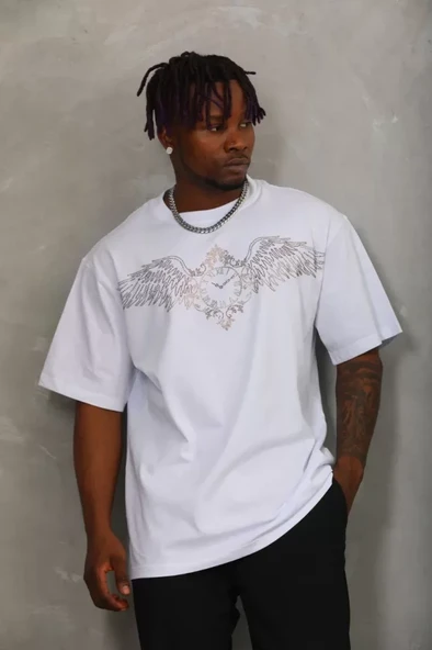 Unisex Oversize Taşlı Bisiklet Yaka T-Shirt - Beyaz ürün görseli