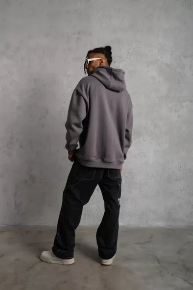 Erkek Düz Kapüşonlu Sweat - Gri - Resim 2