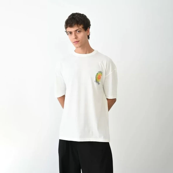 Unisex Bisiklet Yaka Baskılı Oversize T-Shirt - Beyaz - Resim 3