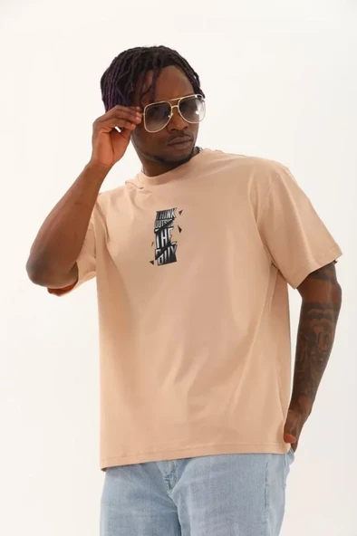 Unisex Oversize Baskılı Bisiklet Yaka T-Shirt - Bej ürün görseli