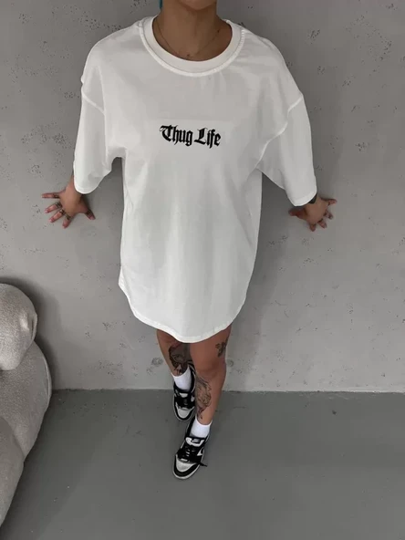 Unisex Bisiklet Yaka Baskılı Oversize T-Shirt - Beyaz ürün görseli