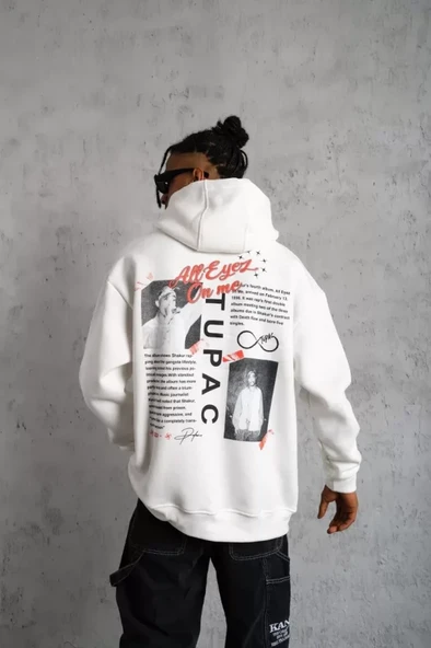 Erkek Ön Arka Baskılı Kapşonlu Sweat - Beyaz - Resim 4