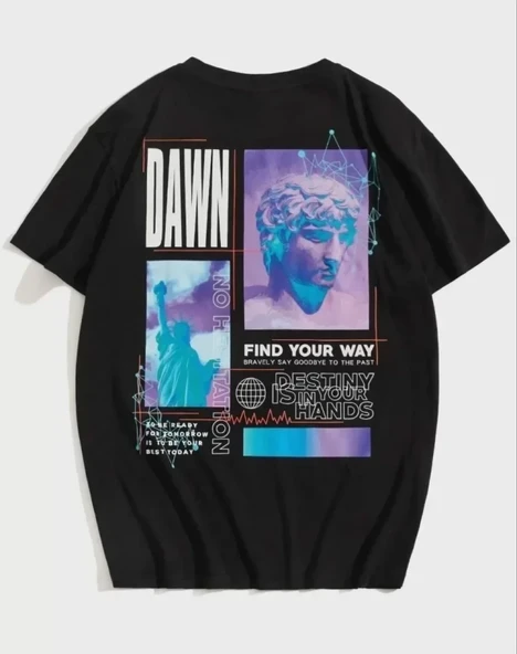 Unisex Baskılı Oversize T-Shirt - Siyah ürün görseli