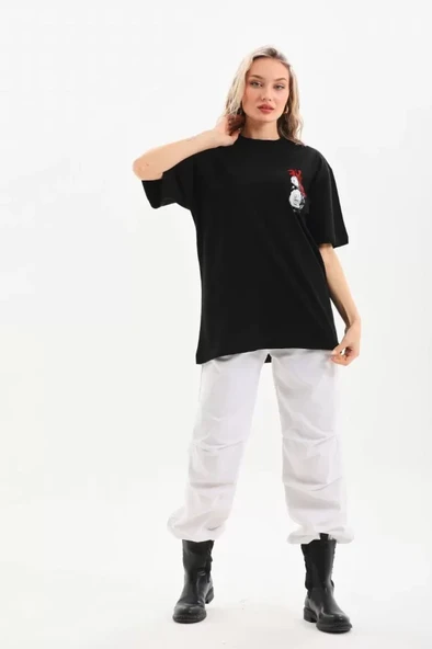Unisex Baskılı Oversize T-Shirt - Siyah - Resim 3