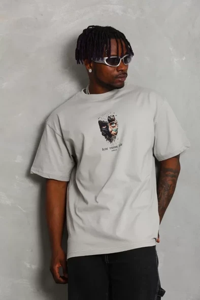 Unisex Oversize Baskılı Bisiklet Yaka T-Shirt - Gri - Resim 2