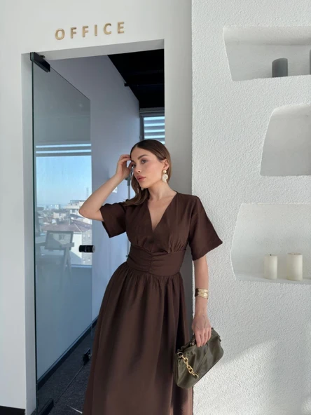 Kısa Kollu Uzun Elbise - Kahve - Resim 4