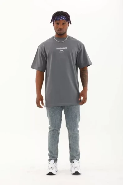 Unisex Oversize Baskılı Bisiklet Yaka T-Shirt - Füme - Resim 3