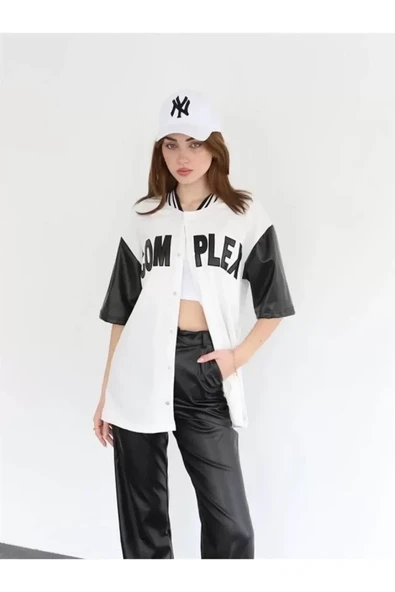 Complex Kolları Deri Kolej Oversize T-shirt - Beyaz ürün görseli