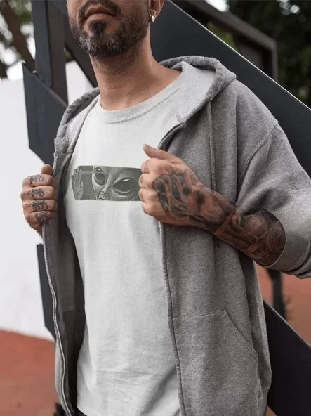 Unisex Bisiklet Yaka Baskılı Oversize T-Shirt - Beyaz ürün görseli