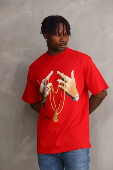 Unisex Baskılı Oversize T-Shirt - Kırmızı - Resim 3