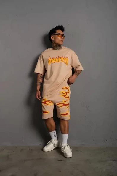 Erkek Alev Baskılı İkili Şortlu Takım - Bej - Resim 4