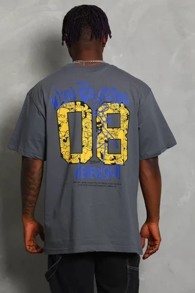 Unisex Oversize Baskılı Bisiklet Yaka T-Shirt - Füme - Resim 4