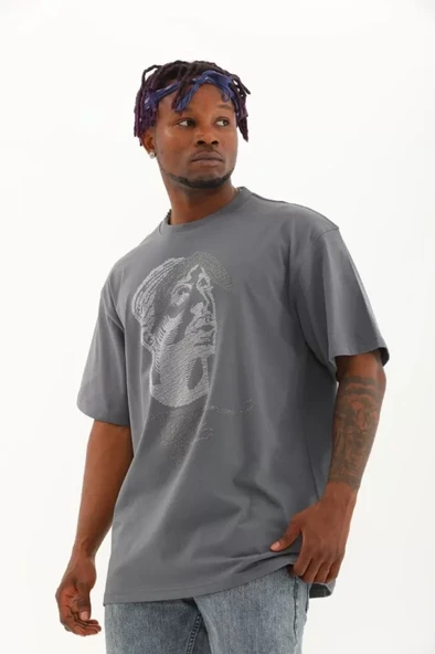 Unisex Oversize Taşlı Bisiklet Yaka T-Shirt - Füme - Resim 3