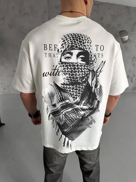 Unisex Baskılı Oversize T-Shirt - Beyaz ürün görseli