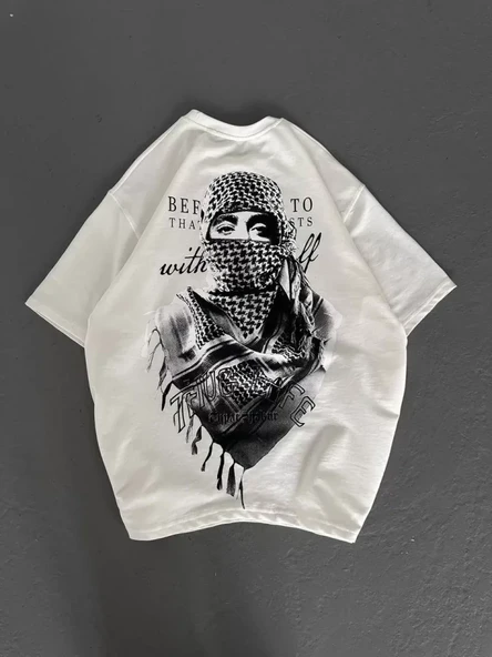 Unisex Baskılı Oversize T-Shirt - Beyaz - Resim 3