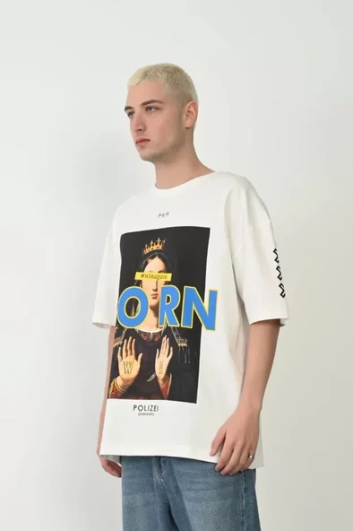 Unisex Baskılı Bisiklet Yaka Oversize T-Shirt - Beyaz ürün görseli