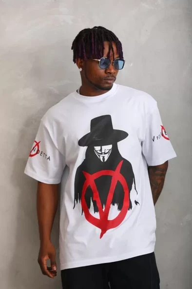 Unisex Oversize Baskılı Bisiklet Yaka T-Shirt - Beyaz - Resim 3