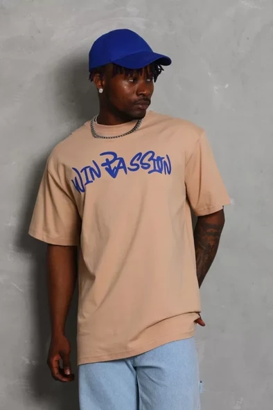 Unisex Oversize Baskılı Bisiklet Yaka T-Shirt - Bej ürün görseli