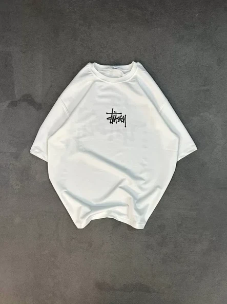 Unisex Bisiklet Yaka Baskılı Oversize T-Shirt - Beyaz - Resim 3