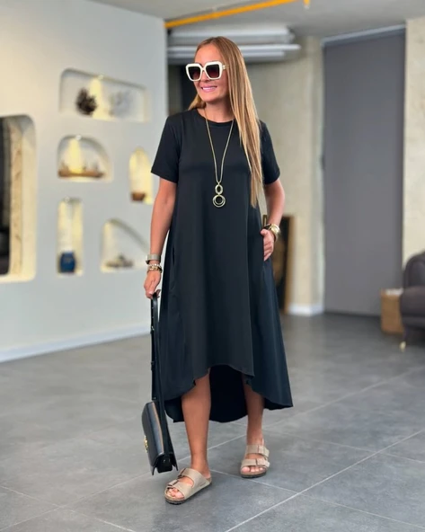 Kadın Kısa Kollu Bisiklet Yaka Asimetrik Kesim ön Viskon Arkası Trikoton Elbise ürün görseli