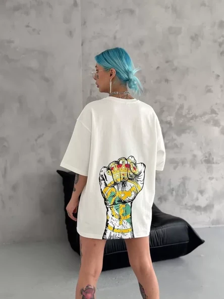 Unisex Bisiklet Yaka Baskılı Oversize T-Shirt - Beyaz - Resim 3