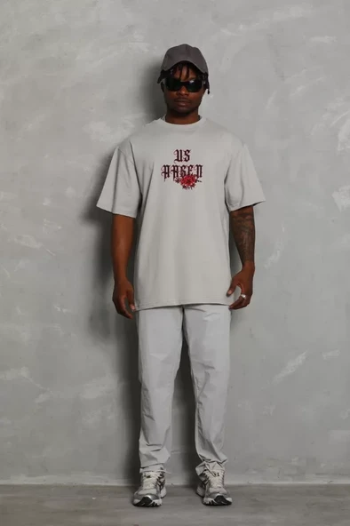 Unisex Oversize Baskılı Bisiklet Yaka T-Shirt - Gri - Resim 4