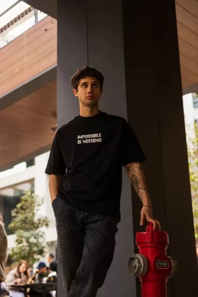 Unisex Bisiklet Yaka Baskılı Oversize T-Shirt - Siyah ürün görseli