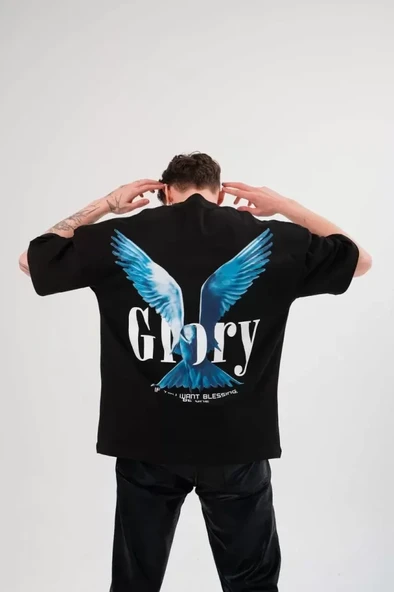 Unisex Bisiklet Yaka Baskılı Oversize T-Shirt - Siyah - Resim 2