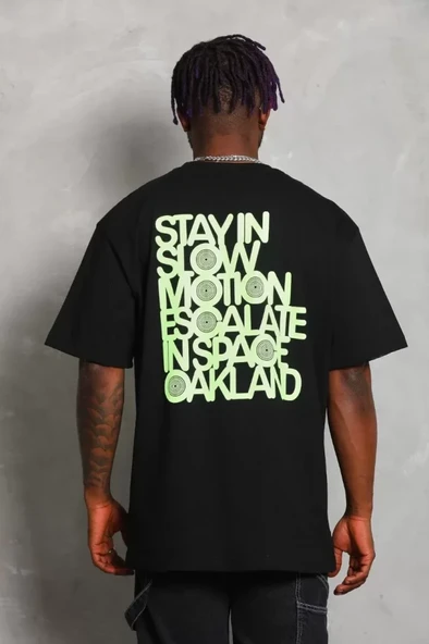 Unisex Oversize Baskılı Bisiklet Yaka T-Shirt - Siyah - Resim 4