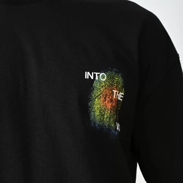 Unisex Bisiklet Yaka Baskılı Oversize T-Shirt - Siyah - Resim 4