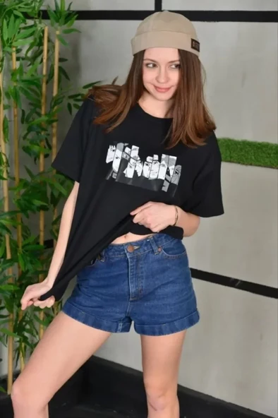 Unisex Bisiklet Yaka Baskılı Oversize T-Shirt - Siyah - Resim 3