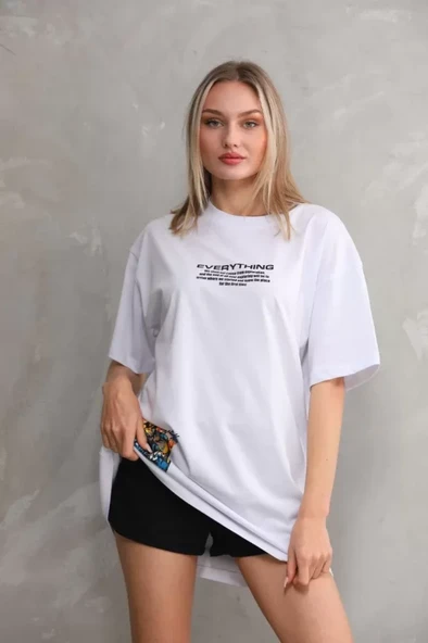 Unisex Bisiklet Yaka Baskılı Oversize T-Shirt - Beyaz - Resim 4
