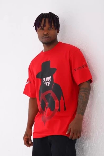 Unisex Oversize Baskılı Bisiklet Yaka T-Shirt - Kırmızı - Resim 2