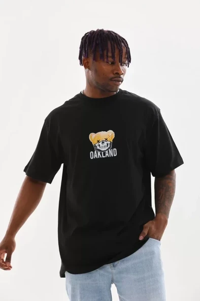 Unisex Baskılı Oversize T-Shirt - Siyah - Resim 4