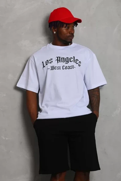 Unisex Oversize Baskılı Bisiklet Yaka T-Shirt - Beyaz - Resim 2