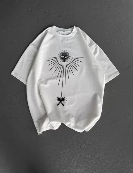 Unisex Bisiklet Yaka Baskılı Oversize T-Shirt - Beyaz - Resim 3