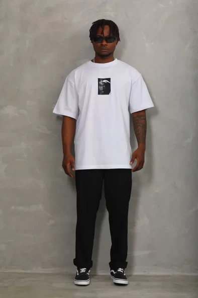 Unisex Oversize Baskılı Bisiklet Yaka T-Shirt - Beyaz - Resim 4