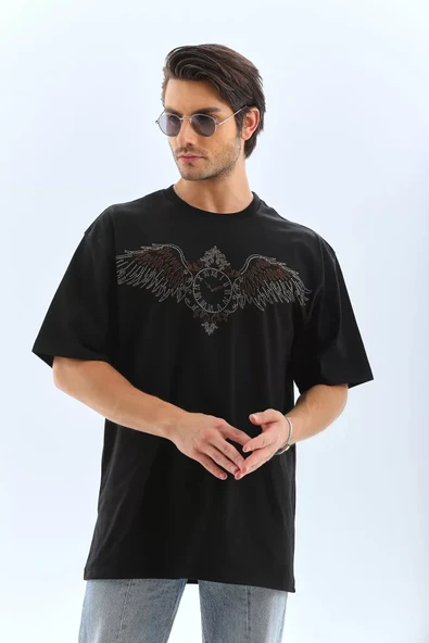 Unisex Oversize Taşlı Bisiklet Yaka T-Shirt - Siyah - Resim 4