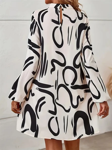 Kadın Uzun Kollu Yarı Balıkçı Yaka Desenli Kısa Dalgıç Elbise - Resim 5